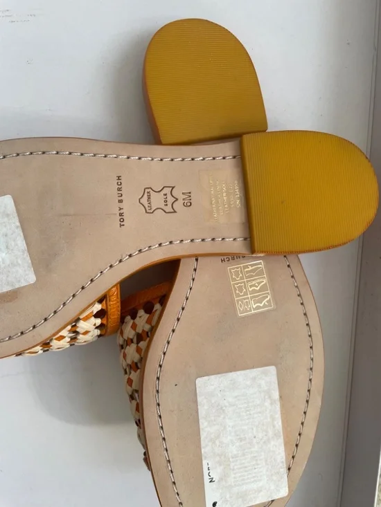 TORY BURCH Woven Crochet Raffia Yellow Citrine/natural Flat size 6 NWOB - Picture 4 of 6